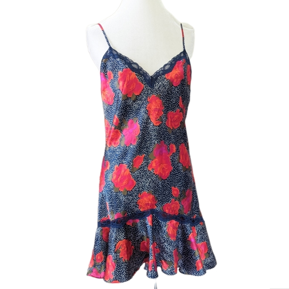 Vintage Victoria's Secret Nightie Large Satin Navy White Polka Dot Floral Teddy